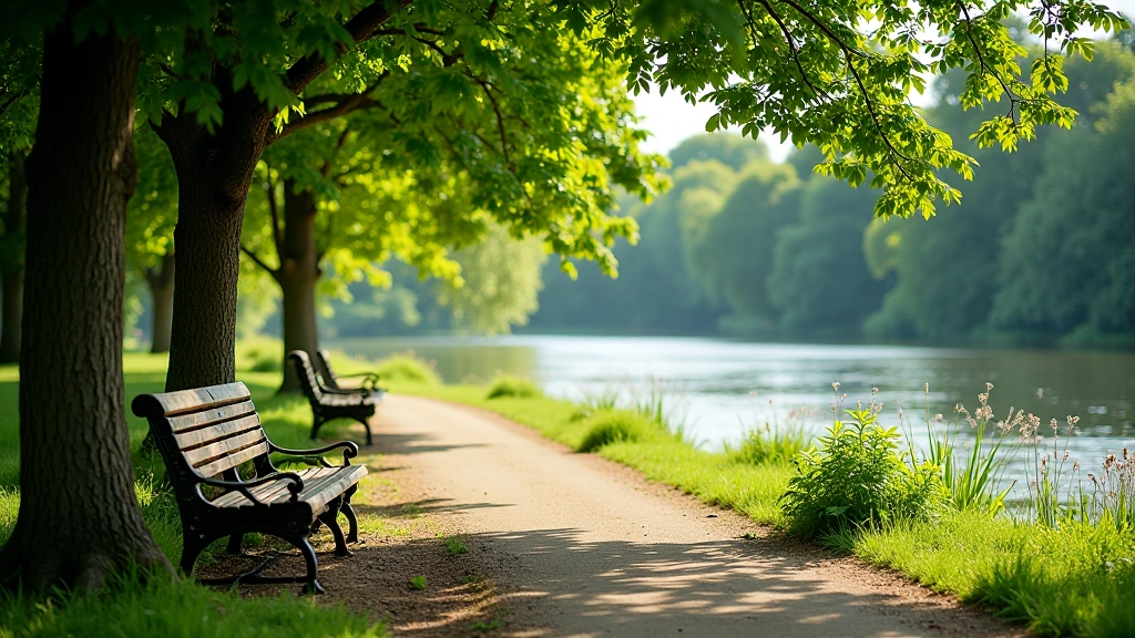 Poilsio aikštele prie upės su keliais suolais, šešėlingoje medžių alėjoje, ramiausia vieta